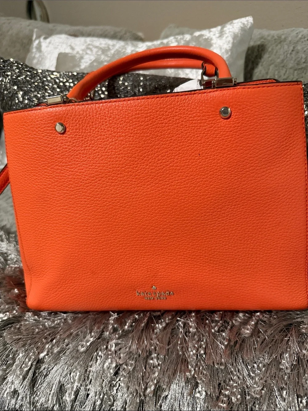 Orange Leather Tote Handbag with Removable Strap